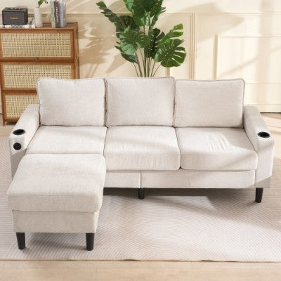 Beige L‑Shaped 3‑Seater Sofa with USB & Cup Holders