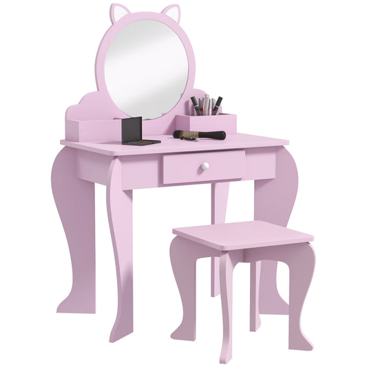 ZONEKIZ Kids Vanity Table With Mirror, Stool, Drawer, Storage Boxes, Cat Design, For Ages 3-6 Years - Pink