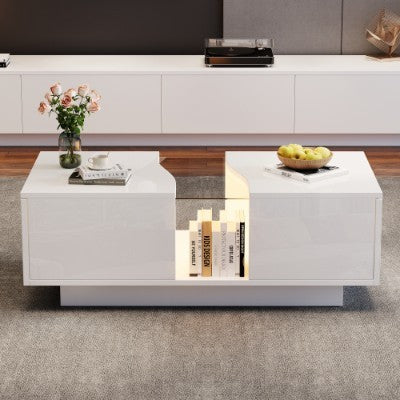 White High‑Gloss LED Coffee Table with 2 Drawers – 16‑Color App‑Controlled Centre Table