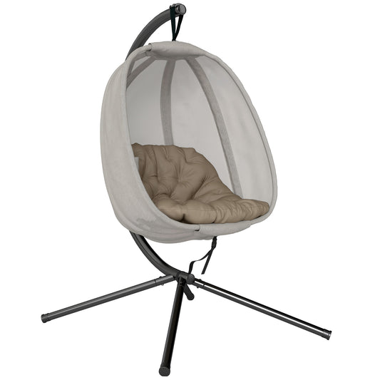 Hanging Egg Chair, Folding Texteline Swing Hammock With Side Pocket, Cushion And Stand For Indoor Outdoor, Patio Garden Furniture, Khaki