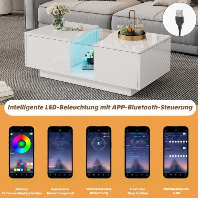 White High‑Gloss LED Coffee Table with 2 Drawers – 16‑Color App‑Controlled Centre Table