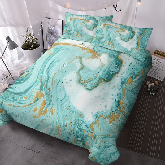 Celestial Mint Marble Duvet Cover Set | Turquoise & Gold Glitter Abstract Print Bedding, 3-Piece Double/Full Size with 2 Pillow Shams