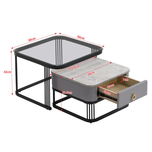 Nestable Coffee Tables Set of 2 – High-Gloss Marble with Gold Accents & Drawer