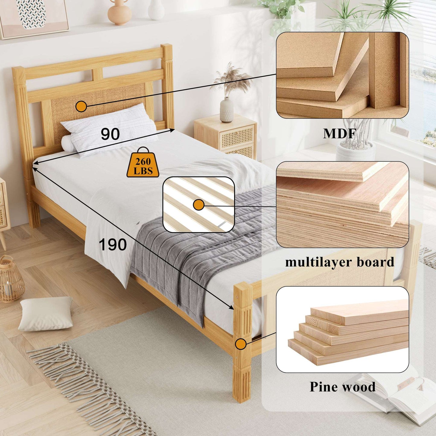 Natural Wood Single Bed with Rattan Panel – 3ft Frame (90×190 cm)