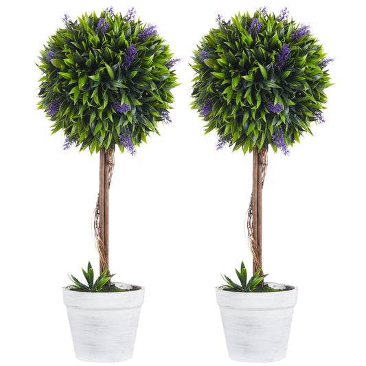 Set Of 2 Decorative Artificial Plants Ball Trees With Lavender Flowers In Pot Fake Plants For Home Indoor Outdoor Decor, 60cm, Green