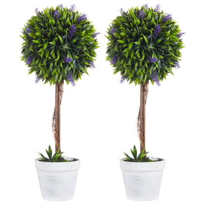 Set Of 2 Decorative Artificial Plants Ball Trees With Lavender Flowers In Pot Fake Plants For Home Indoor Outdoor Decor, 60cm, Green