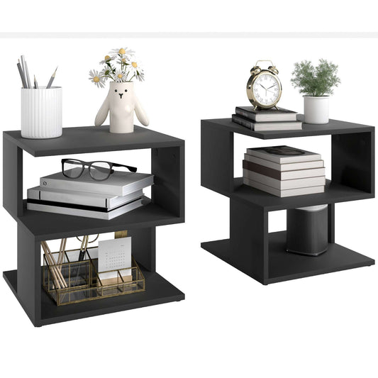 Set of 2 Black Square Side Tables with 2 Tier Shelves