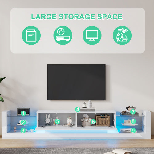 Open Glass Storage TV Stand With LED Lights For TV Cabinets Up To 75 Inches High Gloss Panel, Modern Minimalist Style Media Entertainment Center Console Cabinet Table With 2 Closed Sliding Door, White