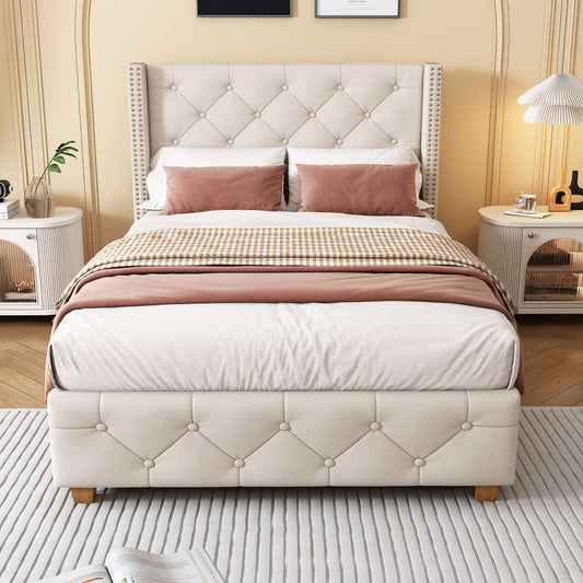 3ft Beige Upholstered Single Bed with Button Headboard