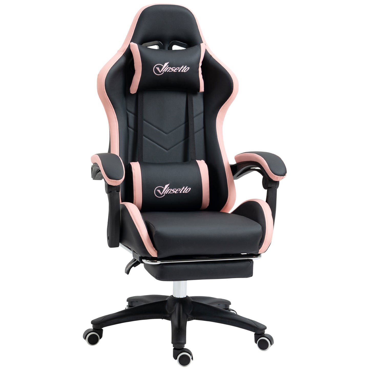 Vinsetto Computer Gaming Chair, PU Leather Office Desk Chair With Footrest, Swivel Wheels, 135° Reclining Back, Lumbar Support, Headrest For Home, Black And Pink