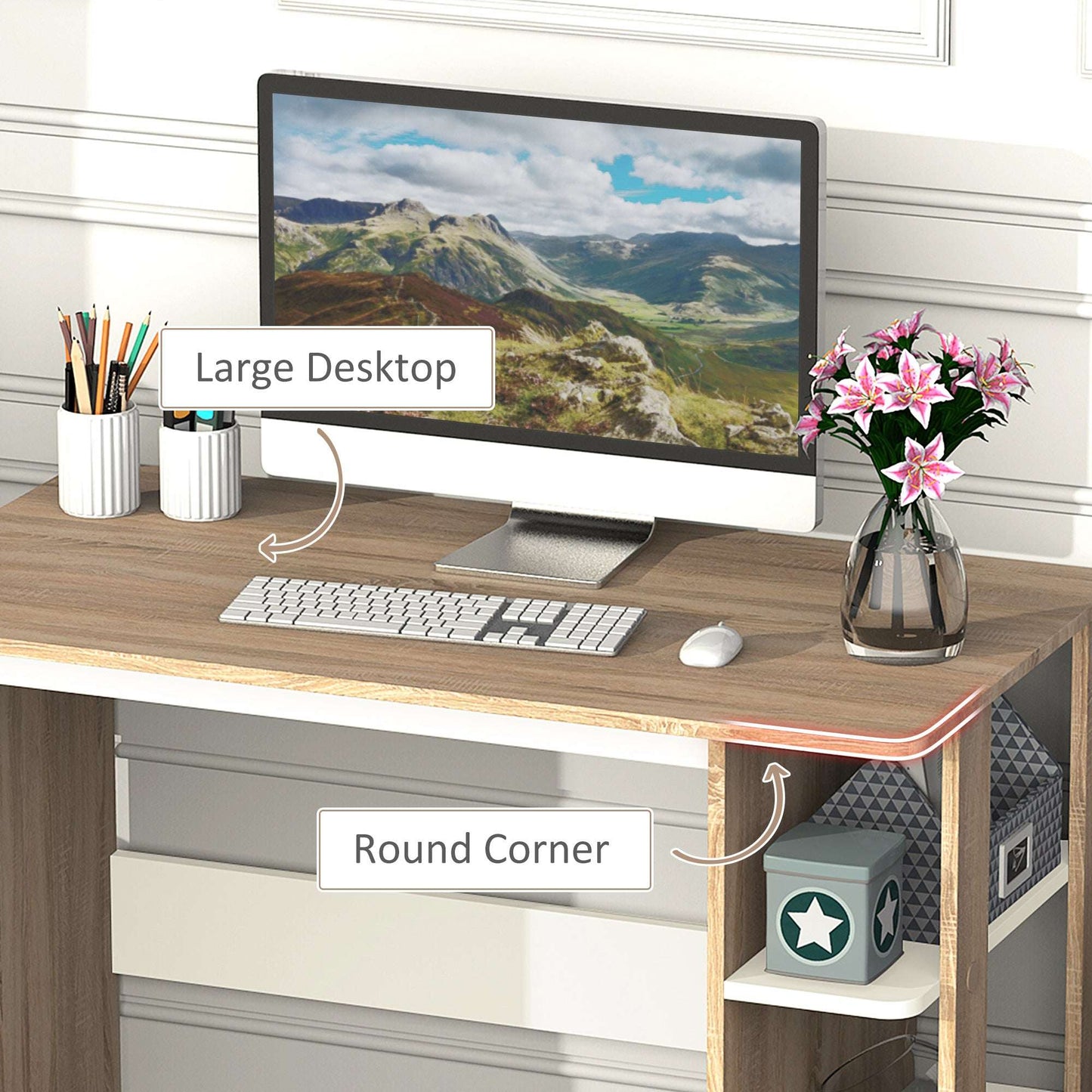 Computer Desk, Writing Desk With 3-Tier Storage Shelf, Work Table For Home Office, Study, Living Room, Oak And White