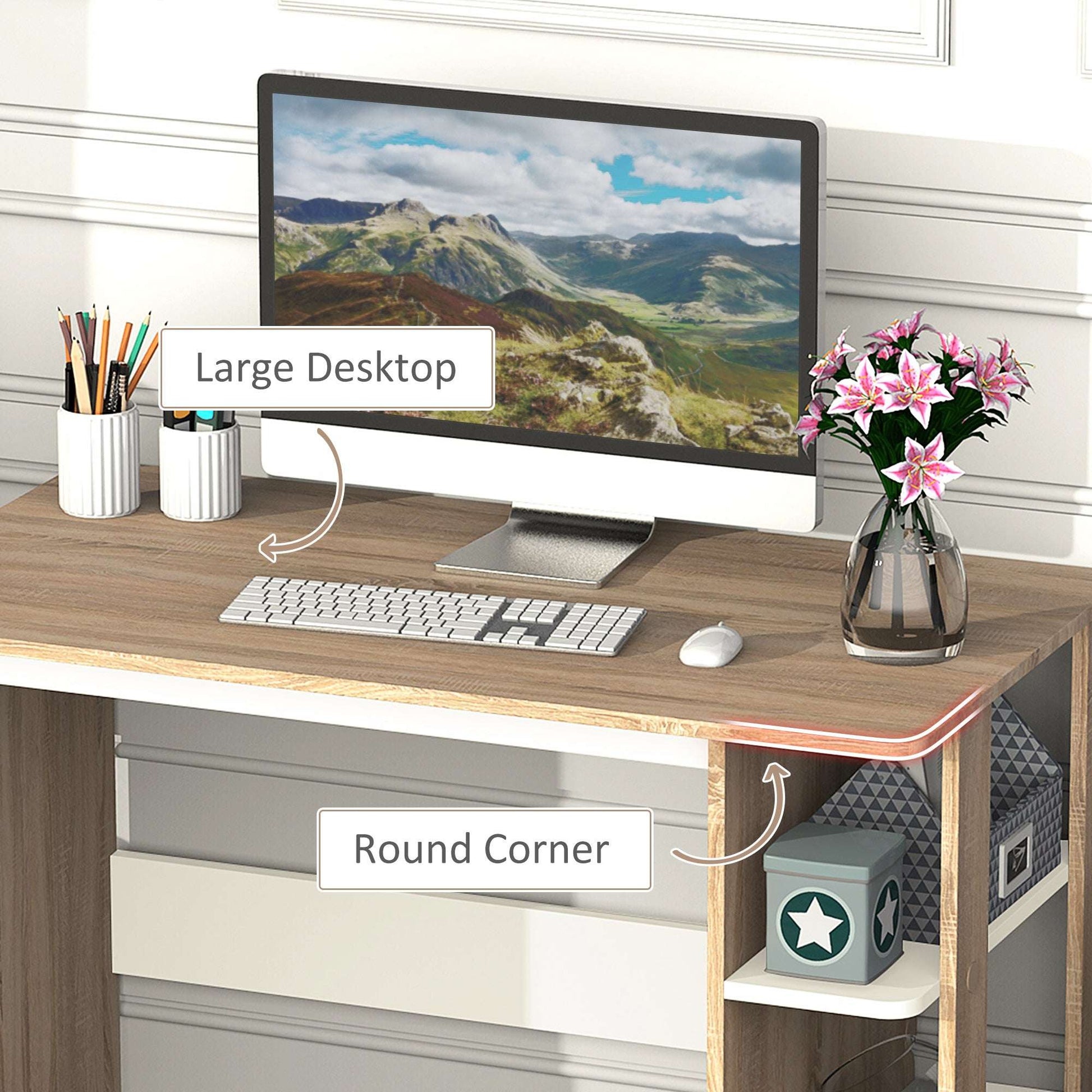 Computer Desk, Writing Desk With 3-Tier Storage Shelf, Work Table For Home Office, Study, Living Room, Oak And White