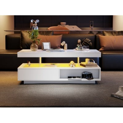 LED Coffee Table with 2 Drawers – White High‑Gloss