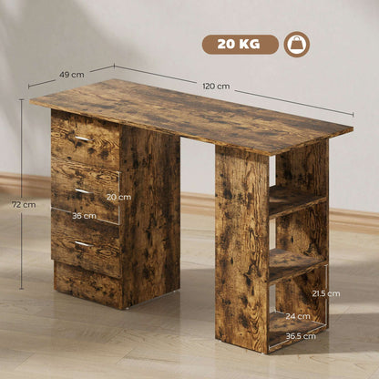 Computer Desk, Writing Table, PC Workstation With 3 Storage Shelves And Drawers, Silver Handle, For Home Office, Rustic Brown