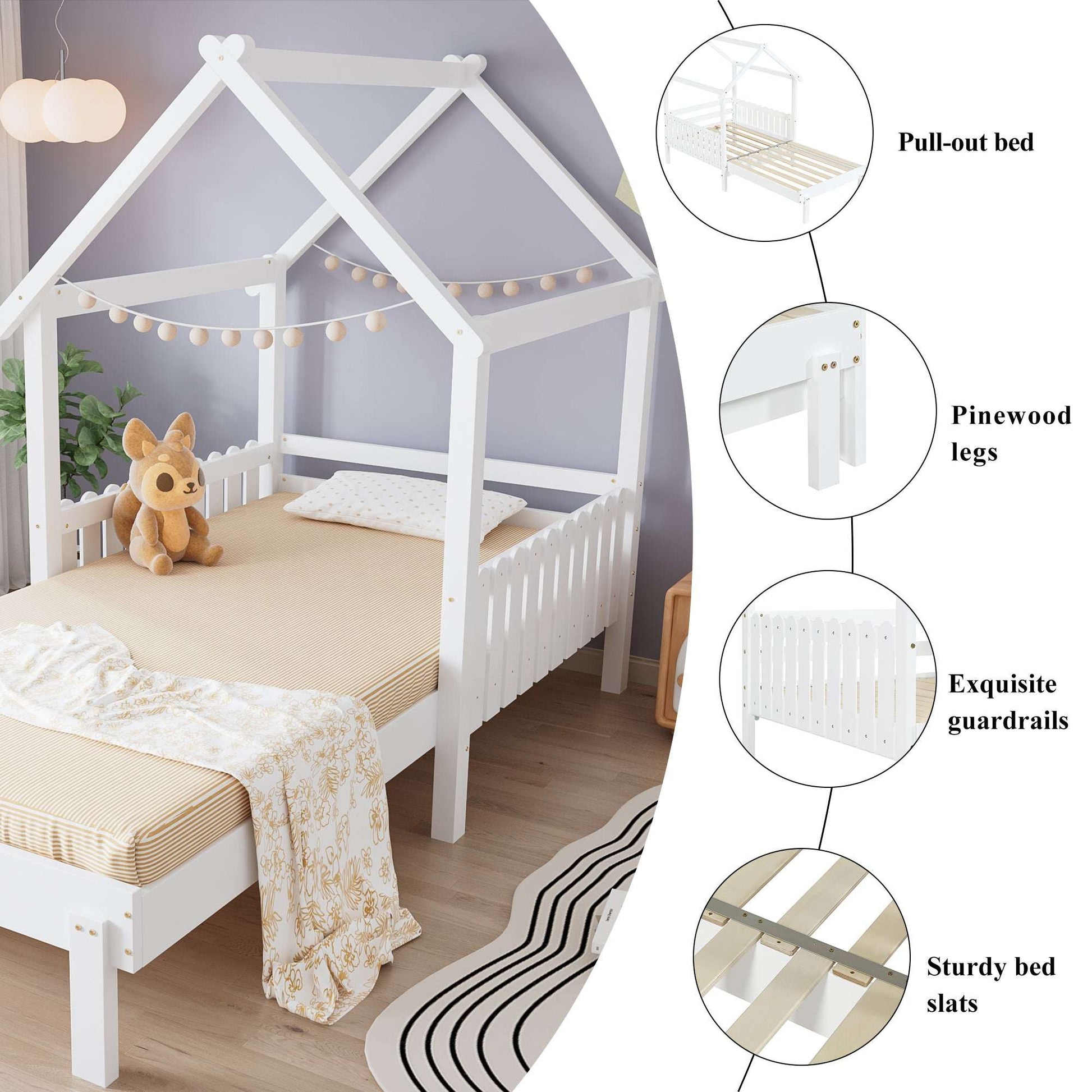 3ft White Wooden Single Bed with Pull‑Out Trundle