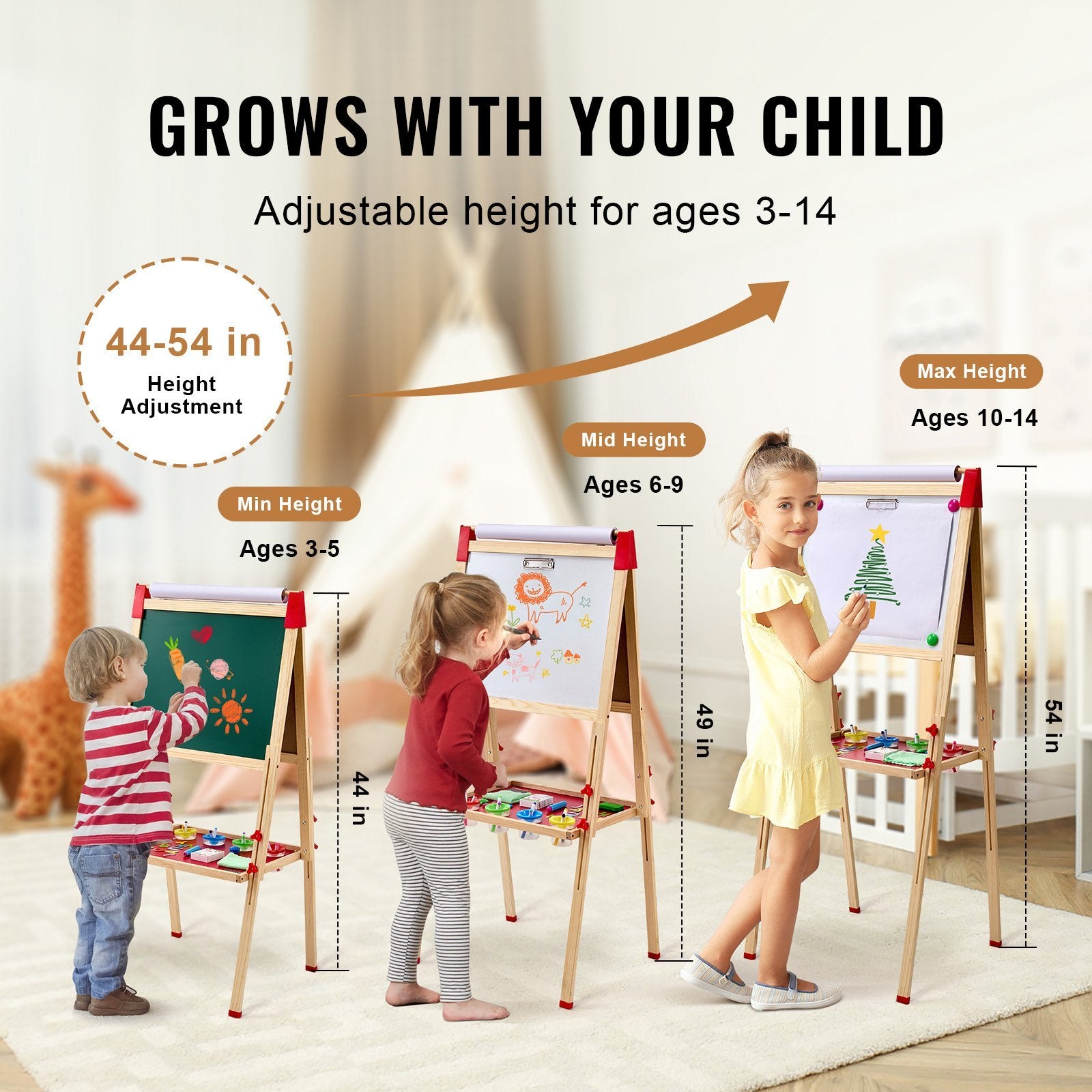 Children using a adjustable height easel with age and height information displayed.