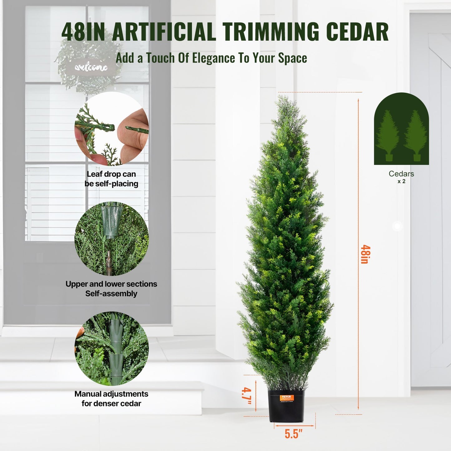 48-inch artificial trimming cedar plant with features and measurements on a white background