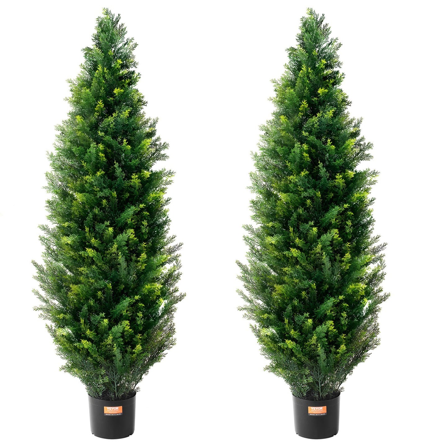 Two potted artificial trees on a white background. UK-24BIZHUB