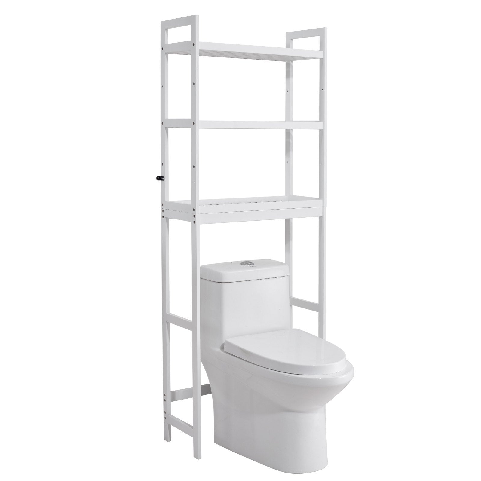 White over-the-toilet storage shelf with a white toilet on a white background. 24BIZHUB