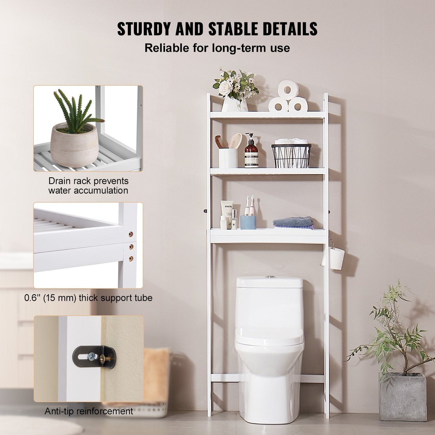 White over-the-toilet shelf with various items and text highlighting features.