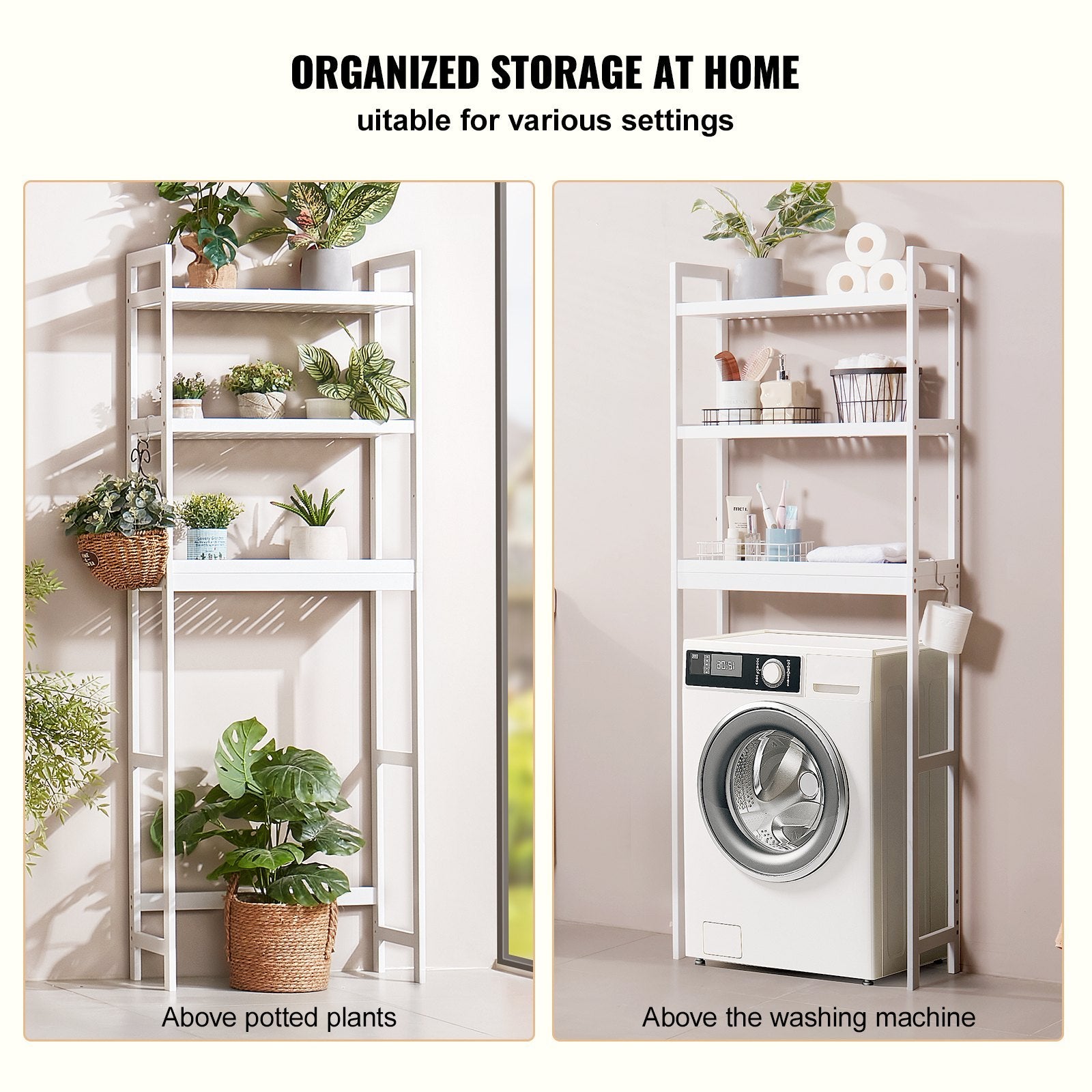 White storage shelf with plants on one side and a washing machine on the other, suitable for various home settings. 24BIZHUB