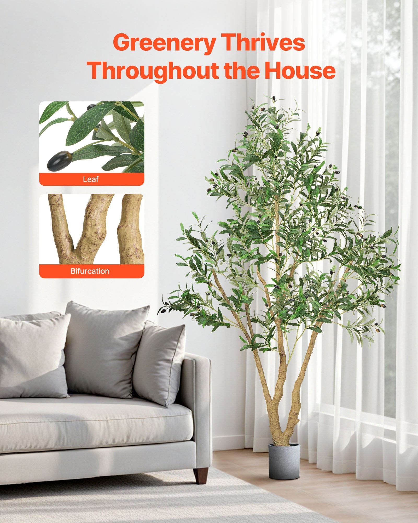 Living room with a plant and a leaflet on the wall, text 'Greenery Thrives Throughout the House'.UK-24BIZHUB