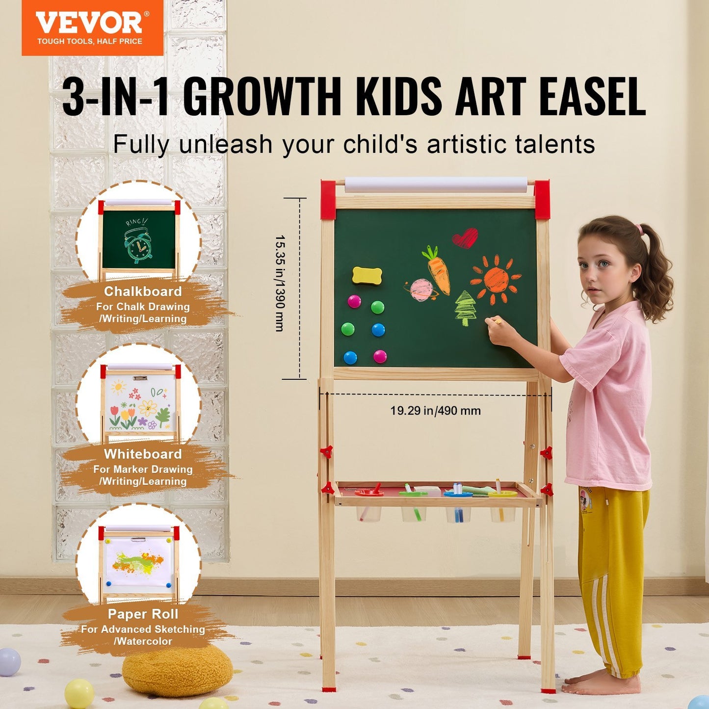 3-in-1 growth kids art easel with a child using it, featuring VEVOR branding.