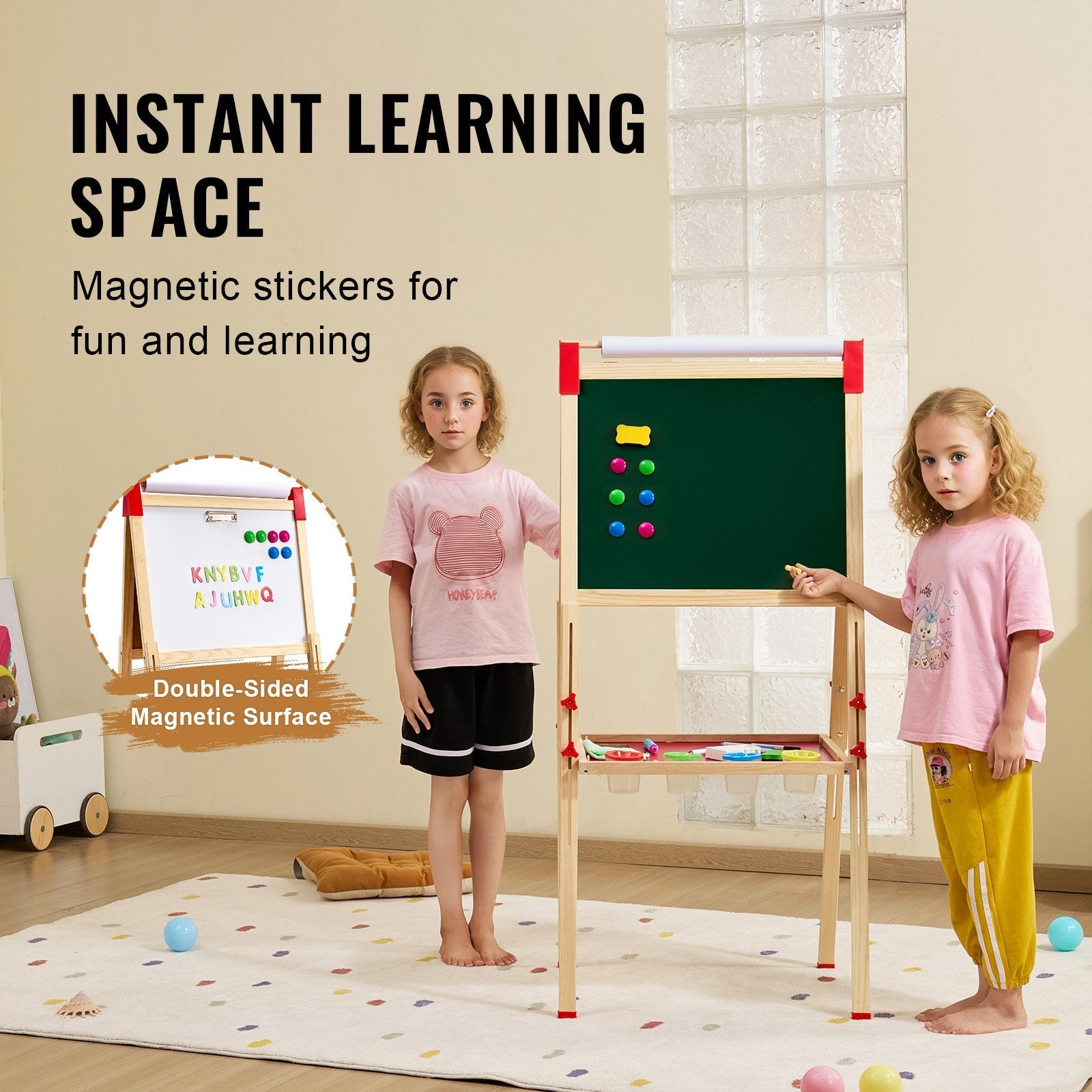 Children using a magnetic chalkboard and whiteboard set with educational stickers in a room.