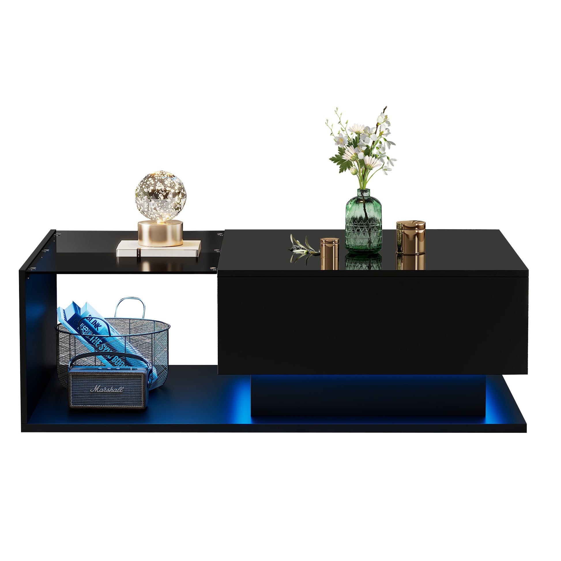 Black coffee table with decorative items on a white background. 24BIZHUB.