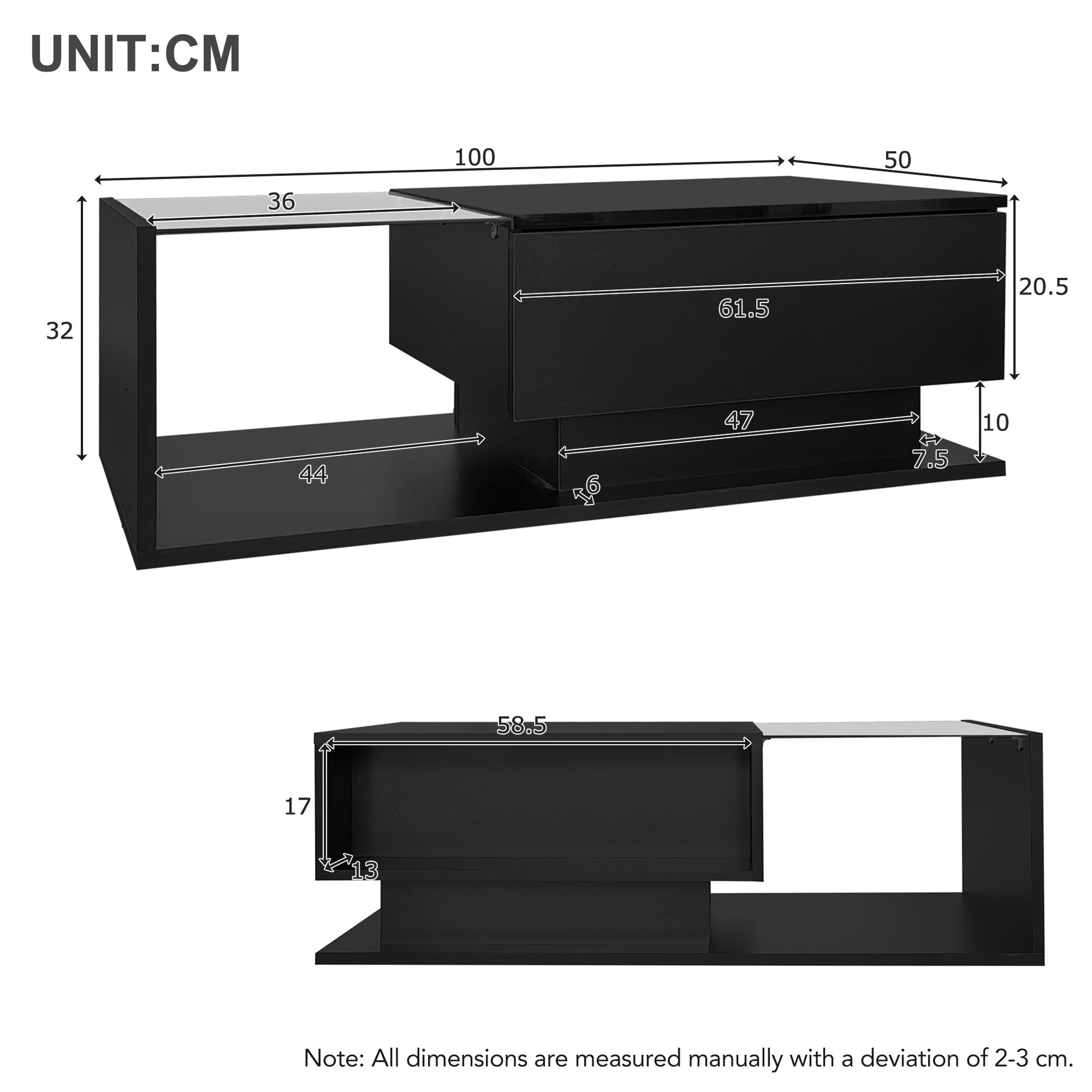 Black TV stand with dimensions labeled in centimeters on a white background