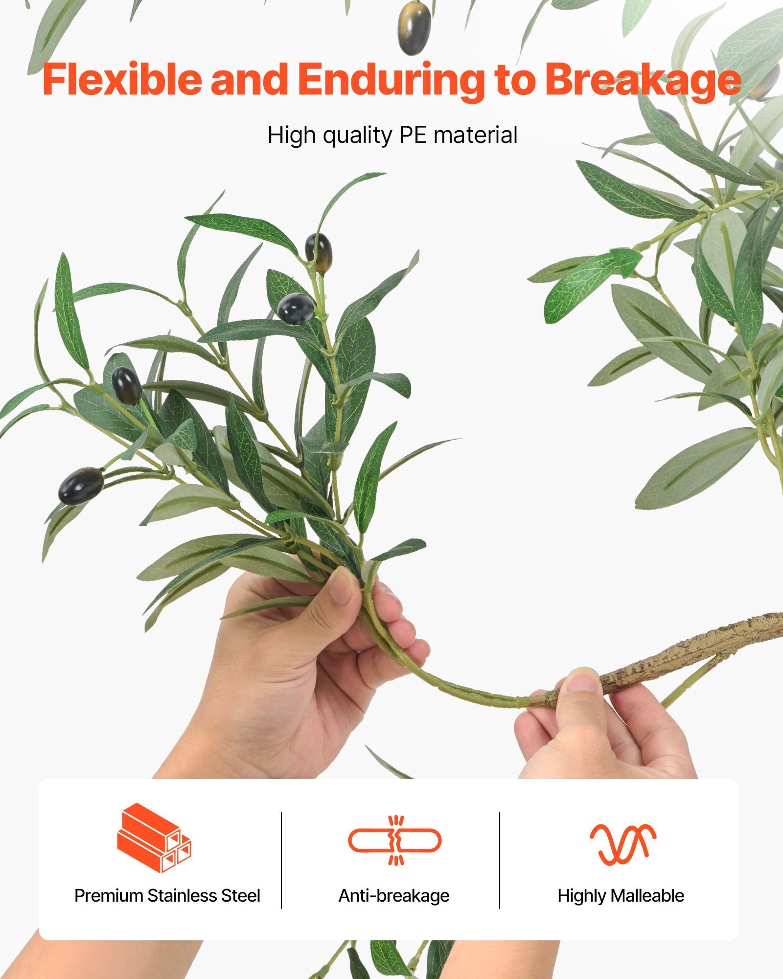 Person holding a branch with leaves and text about high-quality PE material, stainless steel, anti-breakage, and malleability. UK-24BIZHUB