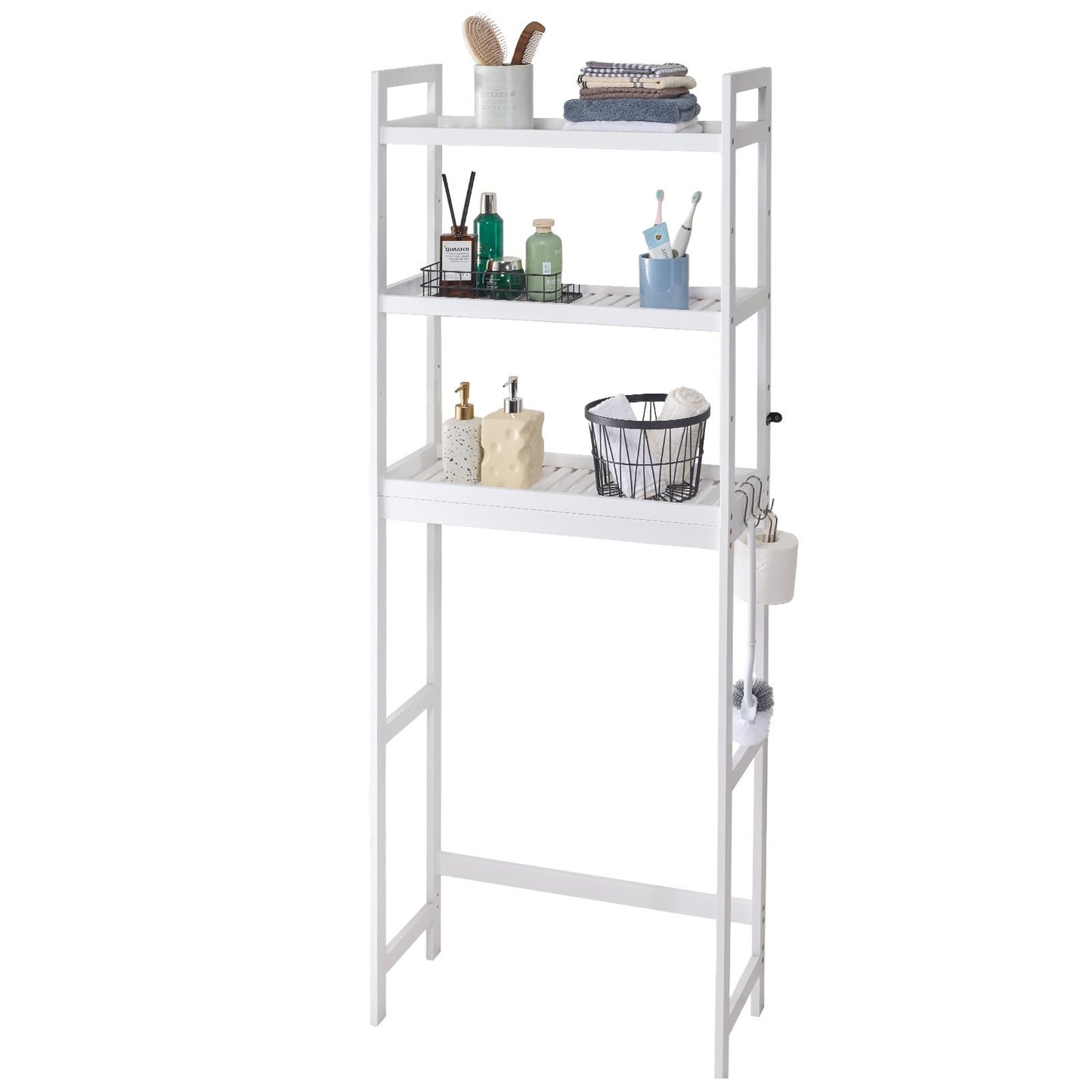 White bathroom shelf with various items on a white background. 24BIZHUB