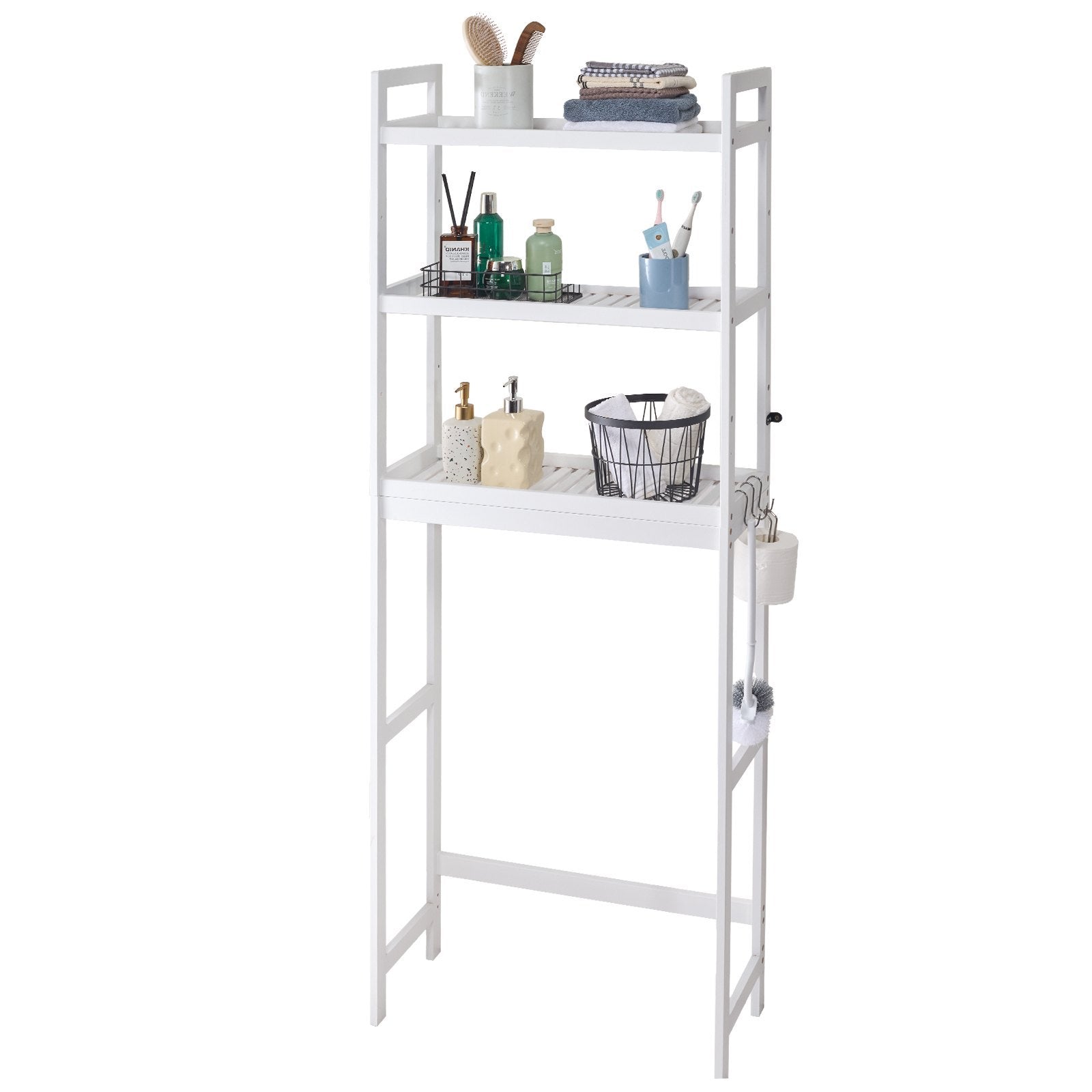 White bathroom shelf with various items on a white background. 24BIZHUB