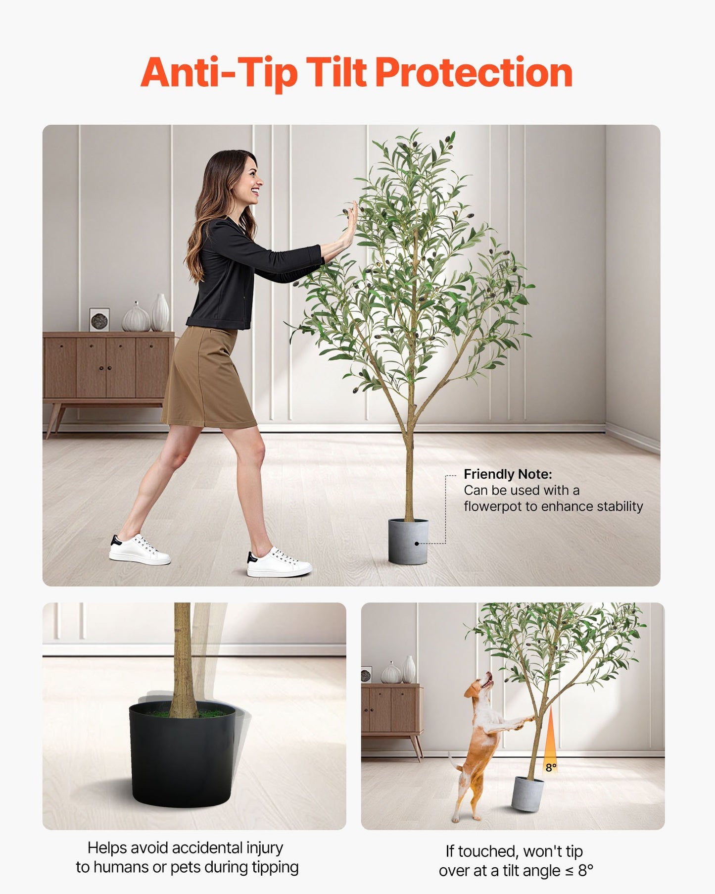 Woman stabilizing a plant with anti-tip tilt protection feature in a home setting.