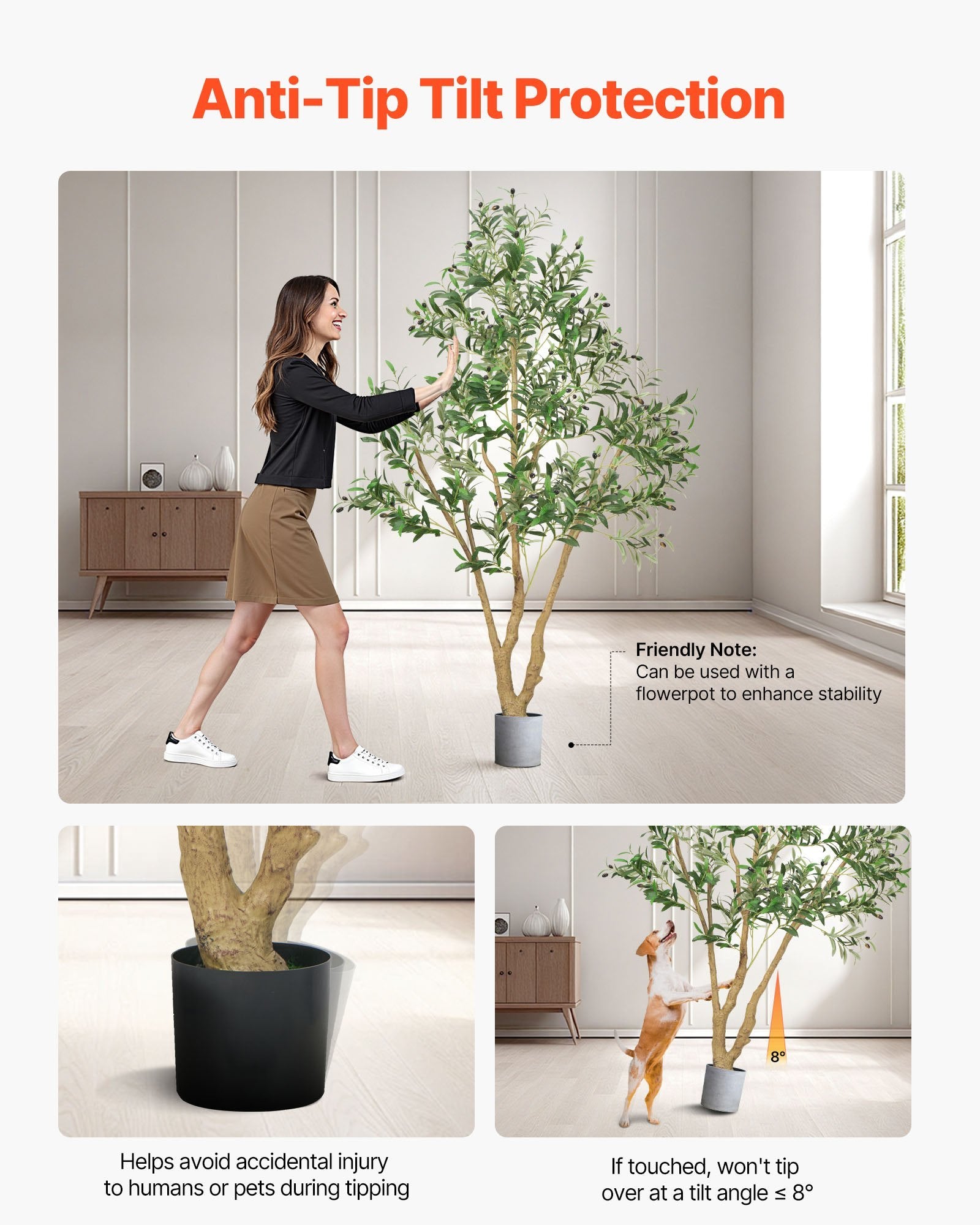 Woman moving a plant with anti-tip tilt protection feature highlighted. UK-24BIZHUB