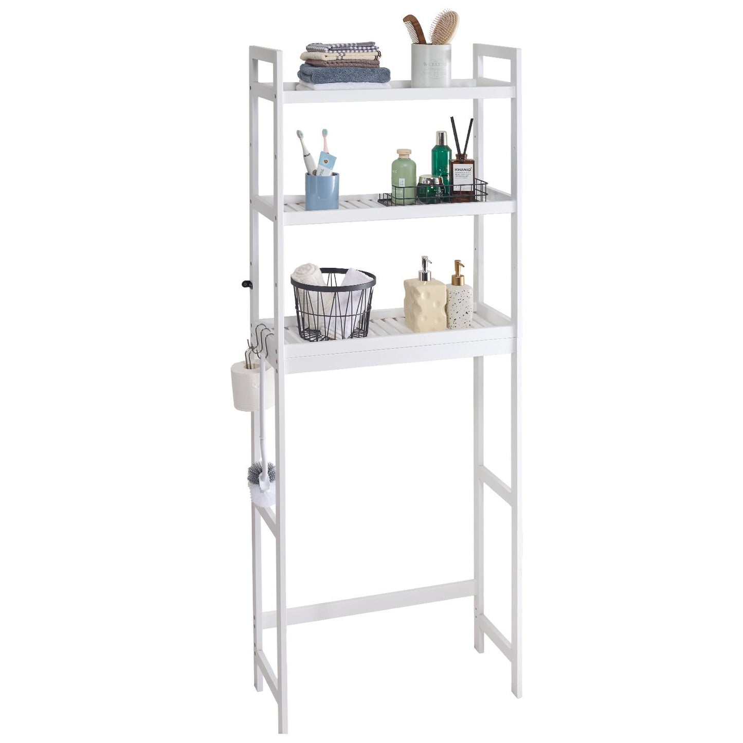 White bathroom shelf with various items on a white background. 24BIZHUB