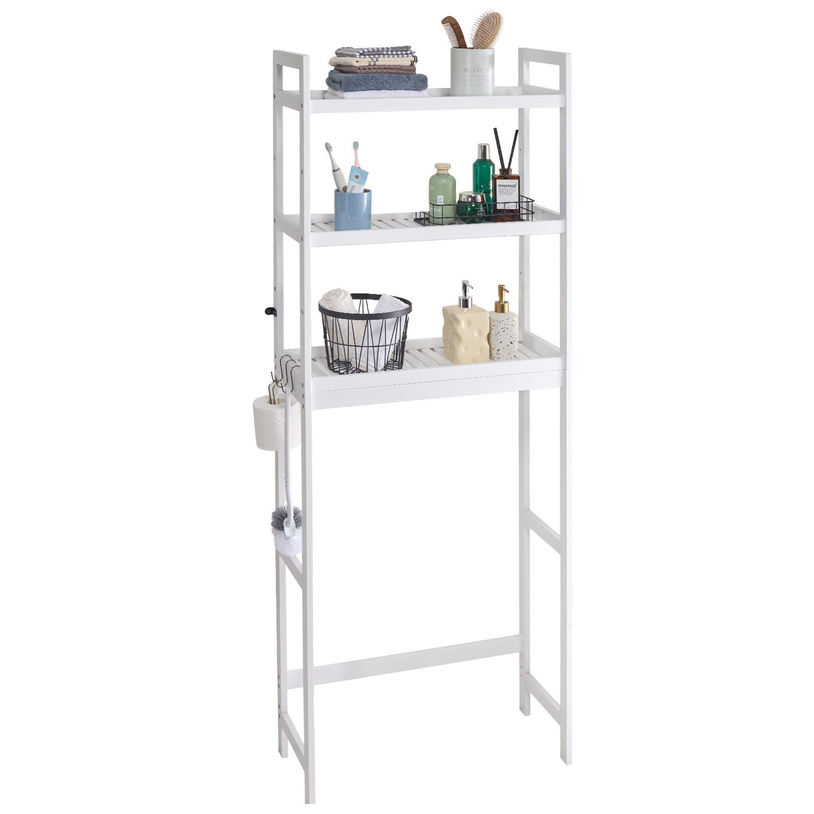 White bathroom shelf with various items on a white background. 24BIZHUB