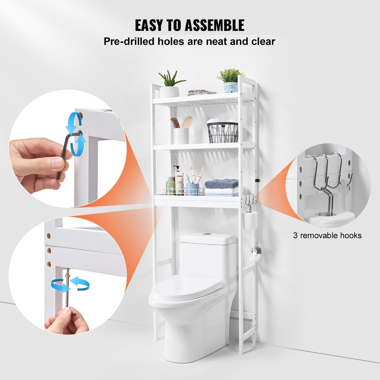 White over-the-toilet storage shelf with hooks and pre-drilled holes, shown with close-ups of assembly and hooks. 24BIZHUB