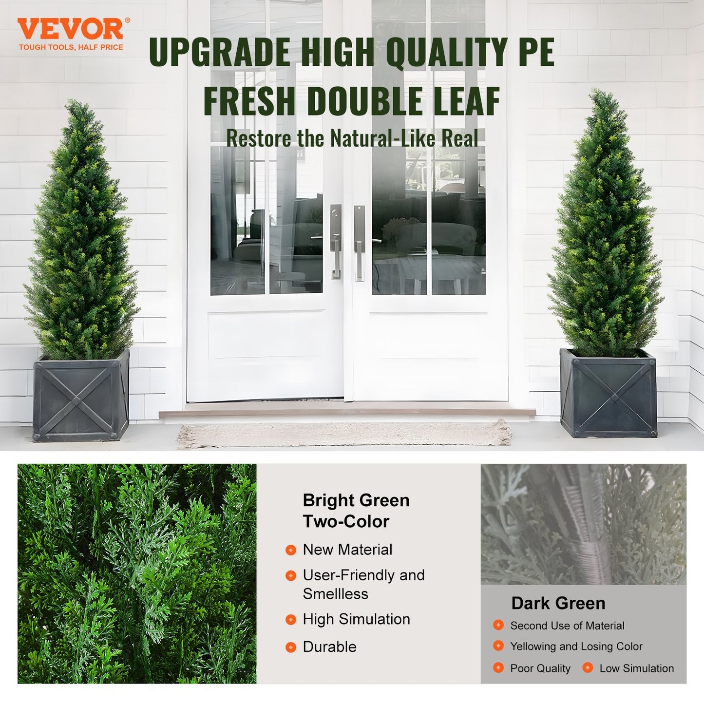 Two potted artificial trees in front of a glass door with promotional text about VEVOR products.