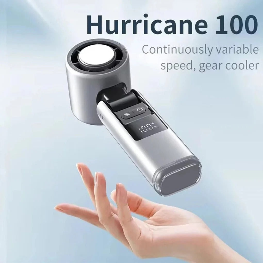 Handheld ice cooling portable fan, device labeled 'Hurricane 100' with a hand holding it for scale on a light blue background. 24BIZHUB -UK