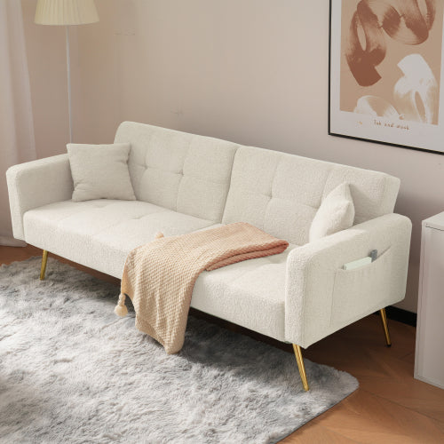 The Sofa Bed Has A Bed Function, Three Adjustable Backrest Angles, Gold Legs, Cushions And Side Storage Pockets.
