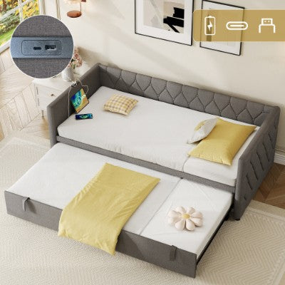 Upholstered Daybed, Sofa Bed With Charging Station, 3ft Single Button-tufted Bed With USB And Type - C Ports, Pull Out Trundle Bed For Living Room Bedroom Study Room, Linen, Grey No Mattress