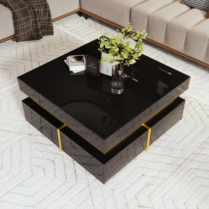 Block coffee table | High Gloss  with Gold Accents and Drawers – Black and White