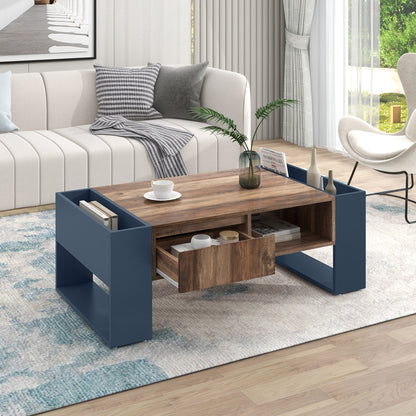 Wood Grain Coffee Table with Handleless Drawer & Double‑Sided Storage – Black/Grey