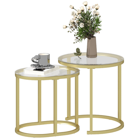 Set of 2 Modern Glass Nesting Coffee Tables – Clear Tempered Glass & Gold Steel Frame