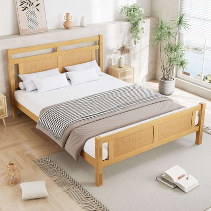 4ft6 Wooden Single Bed with Rattan Headboard