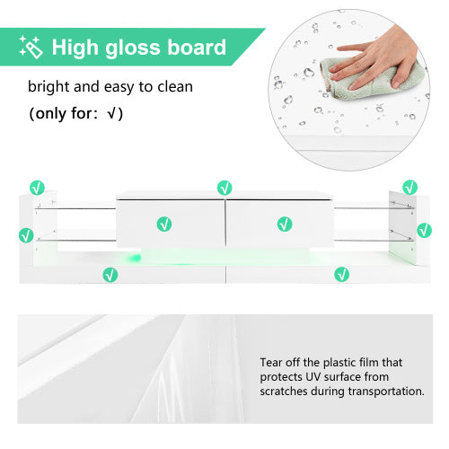 Open Glass Storage TV Stand With LED Lights For TV Cabinets Up To 75 Inches High Gloss Panel, Modern Minimalist Style Media Entertainment Center Console Cabinet Table With 2 Closed Sliding Door, White