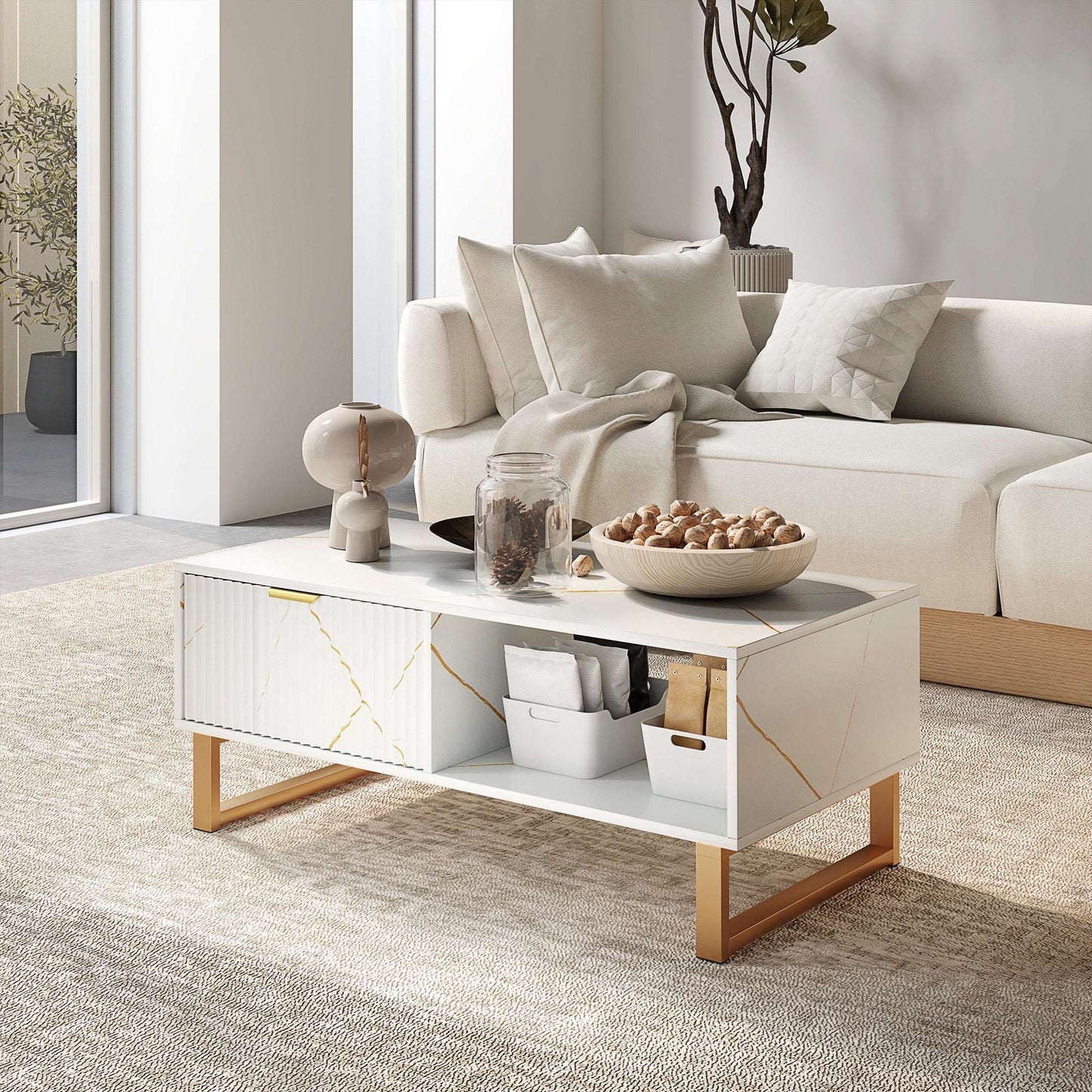 White Marble Effect Coffee Table with Drawer and Shelves – Gold Accents