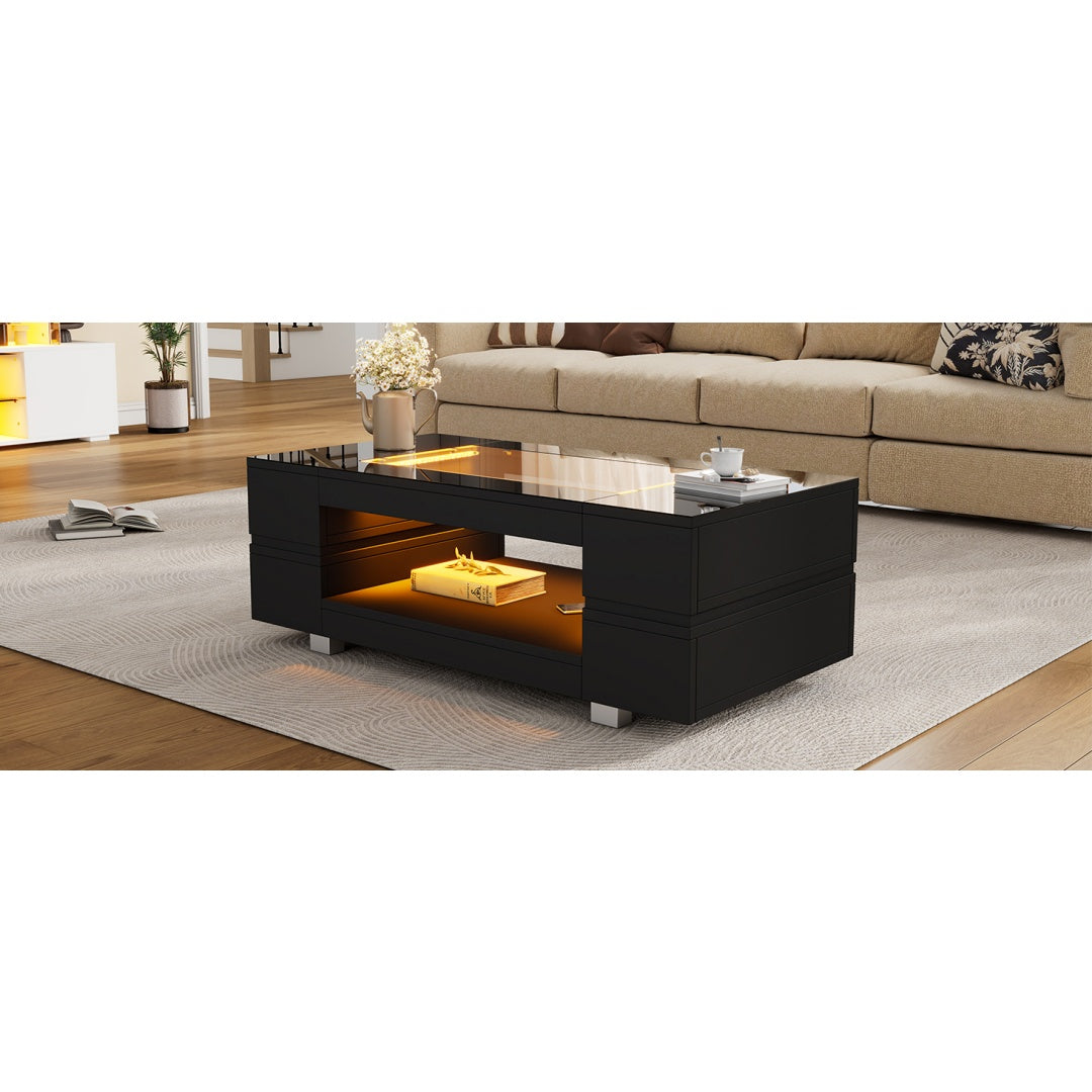 Black High‑Gloss LED Hollow Coffee Table with Glass Top