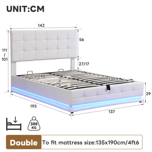White bed frame with dimensions and LED lights on a white background. UK